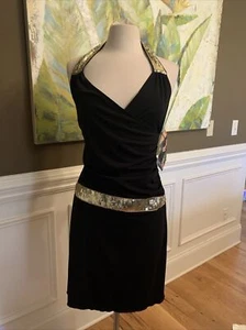 Womens Juniors Large Black and Gold Coctail dress Halter Holiday Dress Gorgeous - Picture 1 of 5