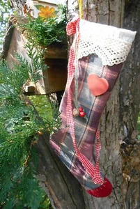 Vintage Baumwolle & Wolle primitive Volkskunst Land Bauernhof kariert Weihnachtsstrumpf #2 - Bild 1 von 9