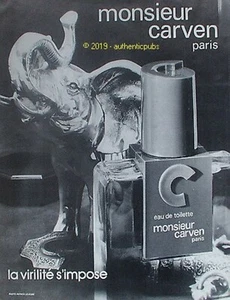 PUBLICITE MONSIEUR CARVEN EAU DE TOILETTE VIRILITE S'IMPOSE ELEPHANT DE 1983 AD - Picture 1 of 1