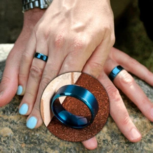 Hypoallergenic Blue Beveled Edge Band Sizes 6-13 Couple Wedding Engagement Ring - Picture 1 of 101
