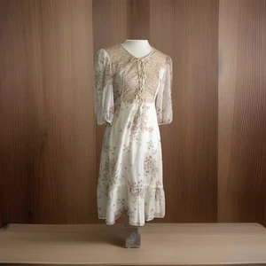 Vintage 70s Floral Cream Corset Midi Dress Prairie Butterfly Cottagecore Modest - Picture 1 of 10