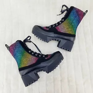 Diva Shine Rainbow Rhinestone Lace Up Platform Combat Ankle Boots Restocked - Picture 1 of 10