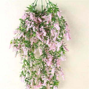 Plant Basket Plastic Flowers Lavender Wall Hanging Fake Rattan Living Room - Picture 1 of 14