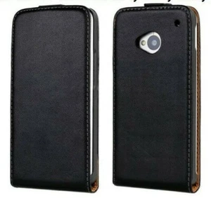 For HTC One M7 801s Black Genuine Real Leather Vertical Case Cover - Picture 1 of 5