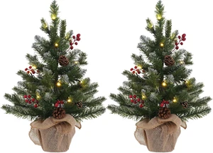 2 FT Mini Christmas Tree, Set of 2 24" PE Prelit Small Artificial Tabletop Snow - Picture 1 of 7