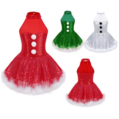 UK Girl Christmas Snowman Dress Figure Ice Skating Dress Sequin Dance Dresses - Image 1 of 3