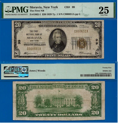 1929 $20 National Bank Moravia, New York CH# 99 PMG 25 top pop 1/0 sole finest - Image 1 of 4