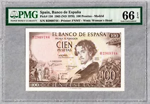 1965 Spain 100 Pesetas Banknote, PMG UNC 66 EPQ - Picture 1 of 2