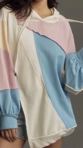 NWT $120 Anthropologie Pilcro Patchwork Hooded Sweatshirt Blue Pink Yellow White - Picture 1 of 8