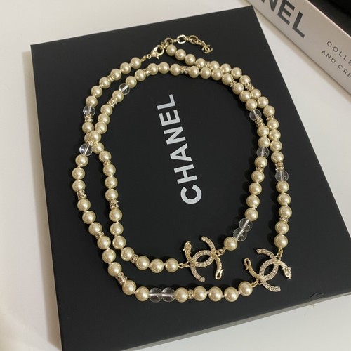 ?CHANEL Collana Maglione Catena Lettera Perla Lunga 2 CCS con Cristallo 24C