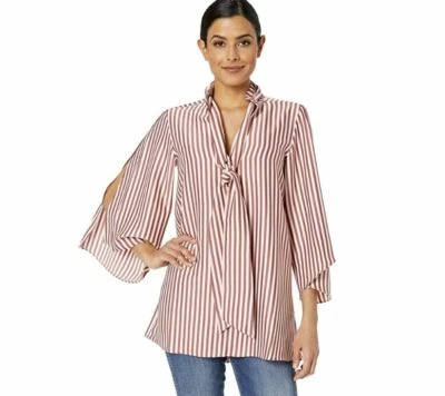 Kenneth Cole Womens L Rose Brown Striped Slit 3/4 Sleeve Scarf Tunic Top NWT - Image 1 of 4