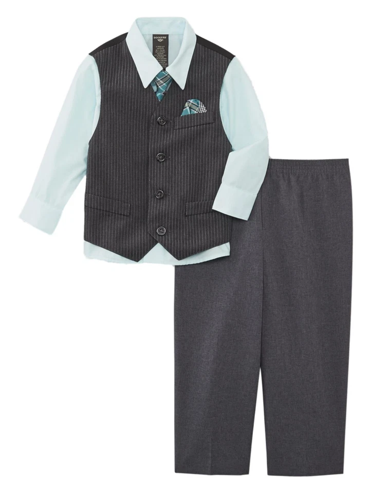 Dockers Infantil Niños 4 Piezas Niebla Marina Vestir Conjunto Camisa, Corbata, Chaleco y Pantalones Foto 1 de 1