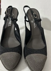 Chanel Black Silver Glitter Cap Toe Slingback High Heel Pumps Sz 41 - Picture 1 of 17
