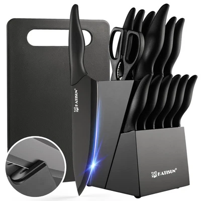 KATISUN 16 Pieces Kitchen Knife Block Set with Cutting Board, German Stainless Steel ...