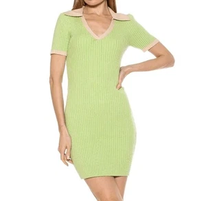 Alexia Admor Sammi Kurzarm Strickkleid Workwear Preppy Kragen grün beige M - Bild 1 von 5
