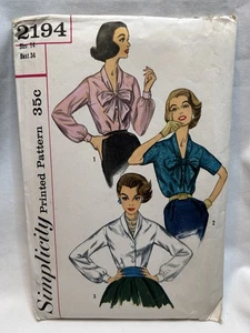 Vintage '57 Simplicity Blouse Sewing Pattern ~ 2194 Size 14 Bust 34 ~ Pussy Bow - Picture 1 of 10