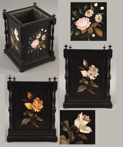 SELTENE ANTIKE Florenz Italien Pietra Dura Intarsien Rosen & Holz Übertopf Vase 19. Jh. - Bild 1 von 18