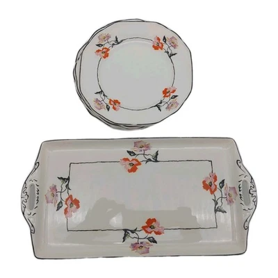 W H Grindley 6 Windsor Ivory Tea Plates & Long Sandwich Plate 1930s Floral Vtg - Image 1 of 4