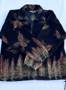 Cobblestone Canyon Fleece Vintage 90’s Women Pine Cone & Trees Black Coat Sz Lg - Picture 1 of 9