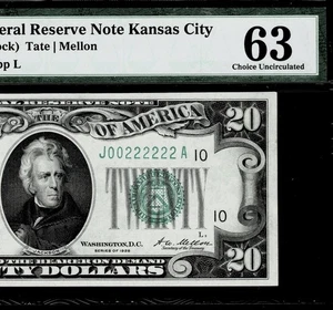 Fancy Serial Number 00222222 Fr. 2050-J $20 1928 FR Note. PMG Choice Unc 63 - Picture 1 of 2