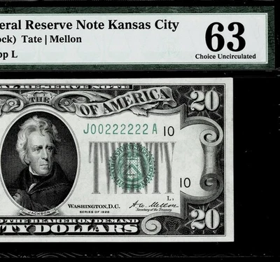 Fancy Serial Number 00222222 Fr. 2050-J $20 1928 FR Note. PMG Choice Unc 63 - Image 1 of 2