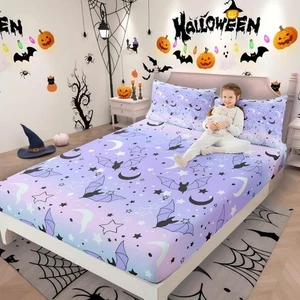 Halloween Bat Fitted Sheet Full Size Glitter Stars Moon Galaxy Bed Sheets for... - Picture 1 of 8