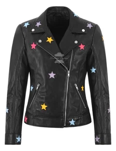Women's Brando Style Leather Jacket Multicolor Scattered Stars Patch Moto Jacket - Picture 1 of 6
