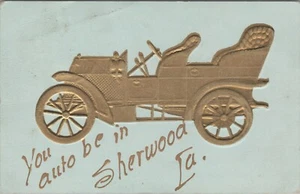 You Auto Be In Sherwood IA Iowa Gold Gilt Car Embossed 1909 postcard AP7 - Picture 1 of 2