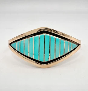 Vintage Zuni 14K Yellow Gold Natural Flush Blue Turquoise Cuff Bracelet - Picture 1 of 10