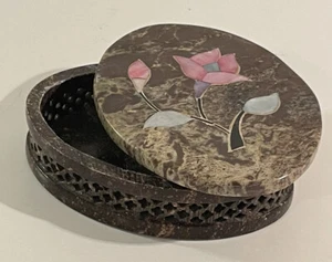 Oval Marble Soapstone Trinket Box Mother of Pearl Pink White Inlay Flowers 4" - Picture 1 of 10