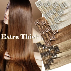 Russian Remy Thick Double Weft Clip In Real Human Hair Extensions Full Head 200G - Picture 1 of 121