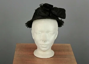 VTG Women's 30s 40s Black Straw Hat w Bow 1930s 1940s - Picture 1 of 12