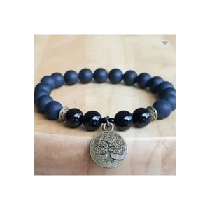 Perlenarmband Armband schwarzer Onyx poliert und matt Lebensbaum Meditation Yoga - Bild 1 von 2