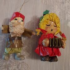 Vintage Paper Mache Christmas Ornaments German? Girl & Elf Gnome WOW!