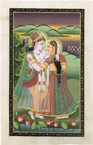 Religious Painting Of Radha Krishna In Love Scene Art On Silk Cloth 7x11 Inches - Picture 1 of 7