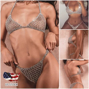 Women Rhinestone Lingerie Underwear Body Chain Bra Thong Bikini Jewelry Clubwear - Picture 1 of 17