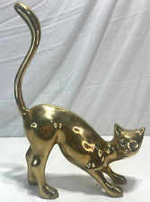 Vintage Large Brass Cat Figure Statue Long Tail Raised Up Arched Back 15"