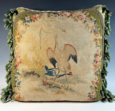 Opulent Large Antique 18th C. French Aubusson Tapestry Pillow #2, Crane, 24"x25"