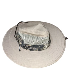 Mossy Oak Boonie Hat S/M Stretch Fit Wide Brim Beige Camo Leather Strap Safari! - Picture 1 of 16