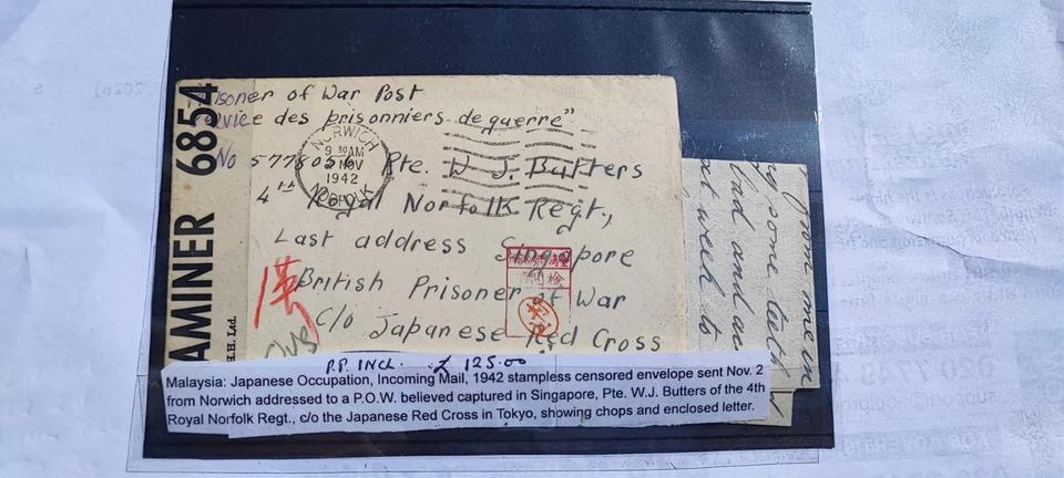 Japanese 1942 Censored Stampless Envolope From Norwich To Singapore P.O.W - Image 1 of 1