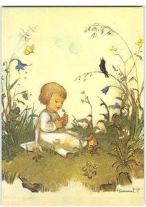 Artist-Signed HUMMEL Little Girl In Flowery Meadow 4x6 Cute Vintage Postcard - Picture 1 of 2