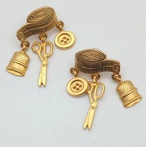JJ Jonette Jewelry Co Gold Tone Sewing Seamstress Tailor Dangle Earrings - Picture 1 of 7