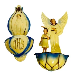 Vintage Catholic Plastic Holy Water Fonts Guardian Angel Virgin Mary Set of 2 - Picture 1 of 13