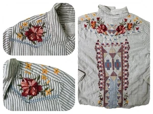 Johnny Was 3J Western Druckknopf Hemd Damen grau gestreift bestickt Blumen L - Bild 1 von 11