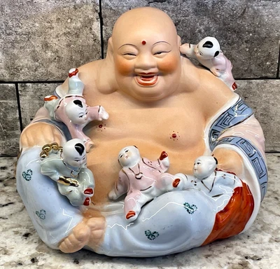 VTG Large Porcelain Laughing Buddha With Five Children Asian Statue 10" 3LB 15OZ - Image 1 of 4