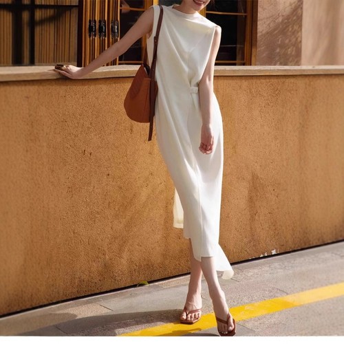 OFF WHITE Abito donna smanicato retrò medio lungo dritto ufficio inglese donna estivo nuovo