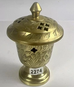 VTG Brass Etched Floral Incense Bowl with Cut Lid Dish Made In India 2274 - Picture 1 of 8