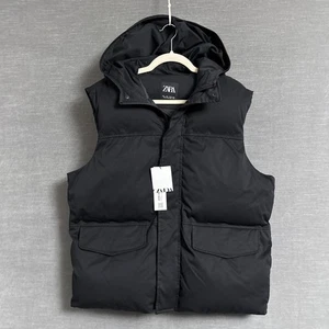 Zara Puffer Vest Mens Large Black Hooded Quilted Sleeveless Jacket Outdoor Gorp - Picture 1 of 13
