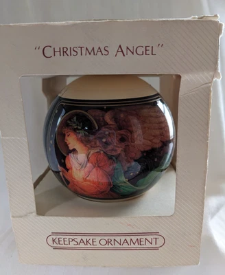 Елочное украшение Hallmark 1982 «Рождественский ангел» стеклянный шар с слегка поврежденной коробкой - Изображение 1 из 4