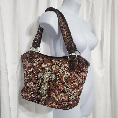 Montana West Concealed Carry Western Cowgirl Rhinestone Cross Paisley Purse Bag - Image 1 of 4